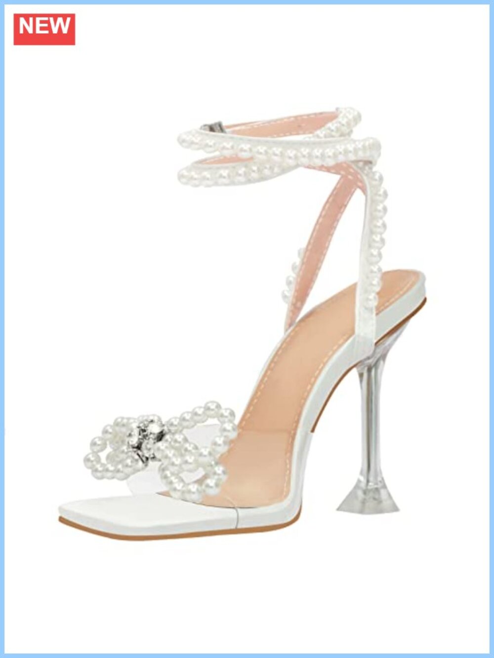 Women's Clear Heels Stiletto Ankle Strap Square Toe Rhinestone Bow Sandals